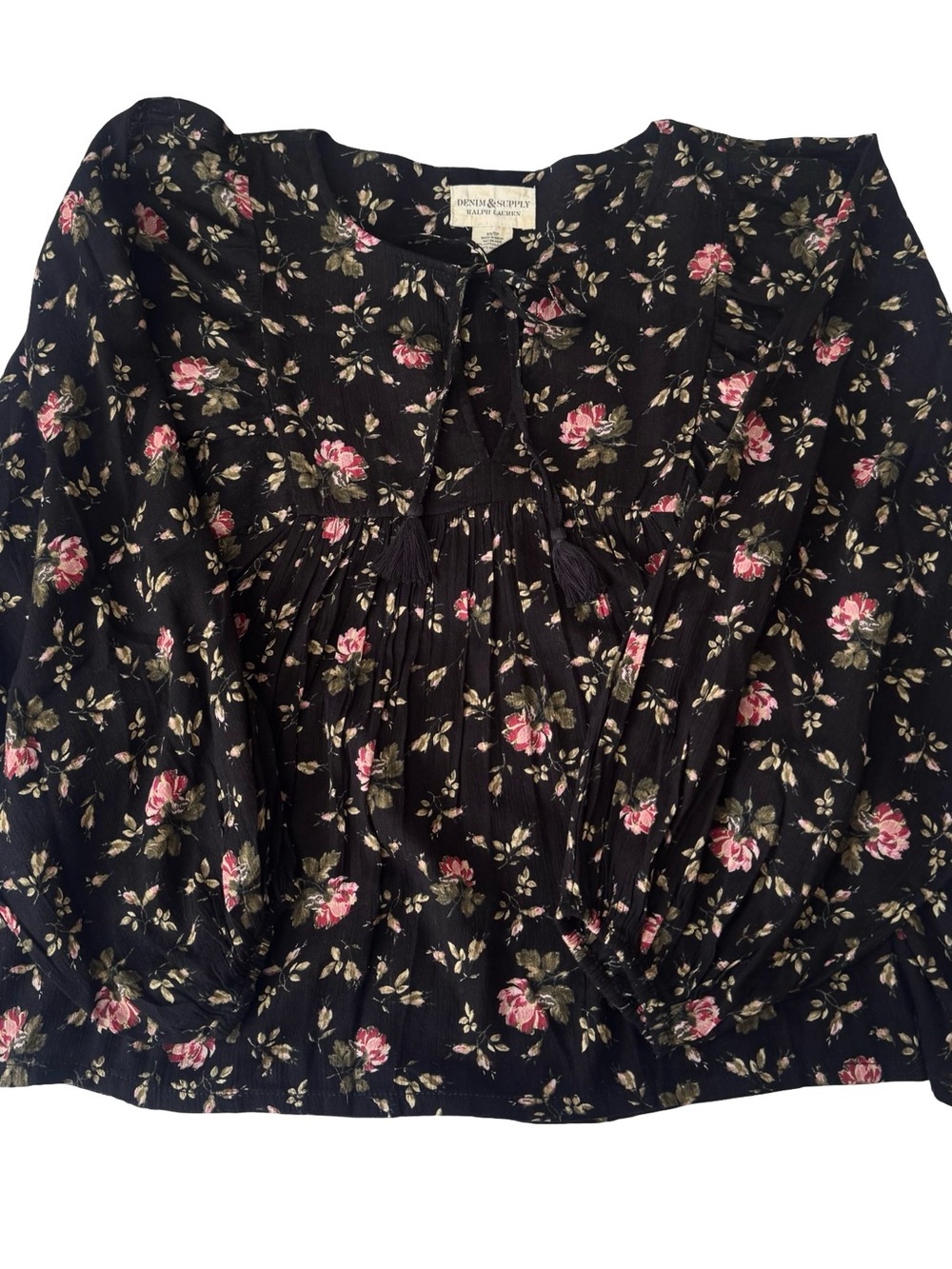 Denim & Supply Ralph Lauren Women’s Black Floral Print Peasant Blouse Size XS